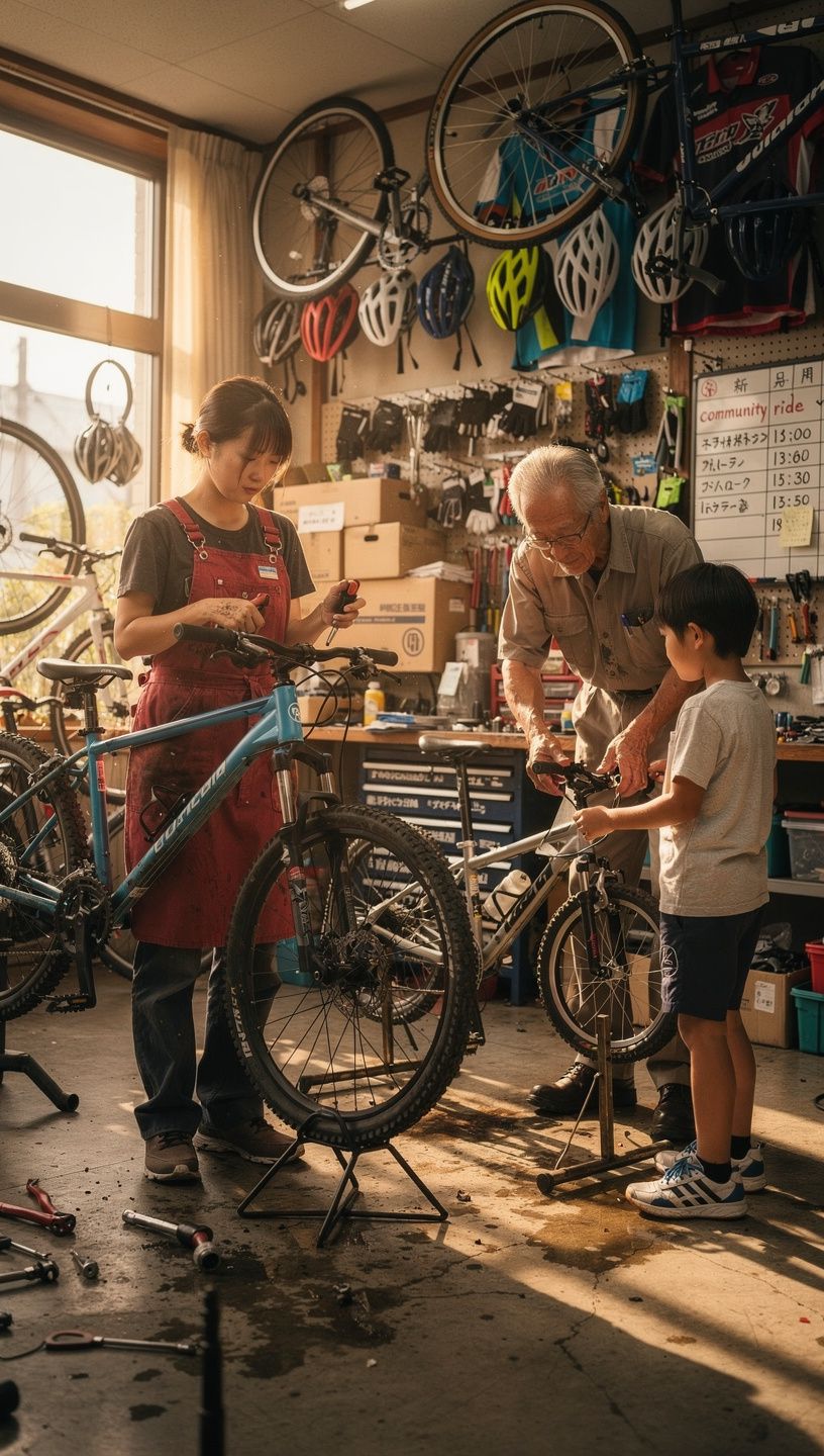 サイクリングルートの地図を手に持つサイクリストのイラスト