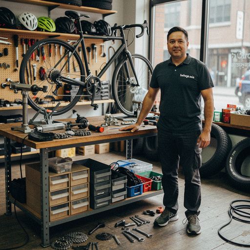 自転車のメンテナンスを行っているスタッフの写真